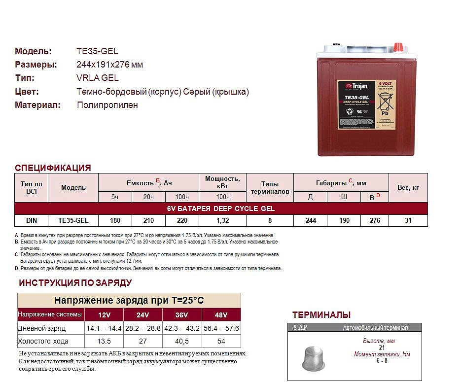 Trojan TE35-GEL - гелевый тяговый аккумулятор